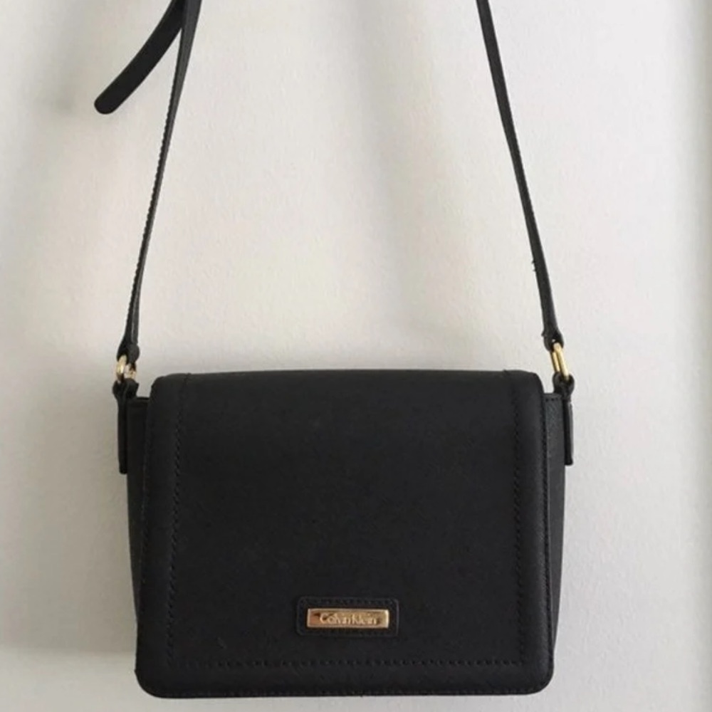 Calvin Klein Black Saffiano Leather Crossbody Bag with Gold Hardware